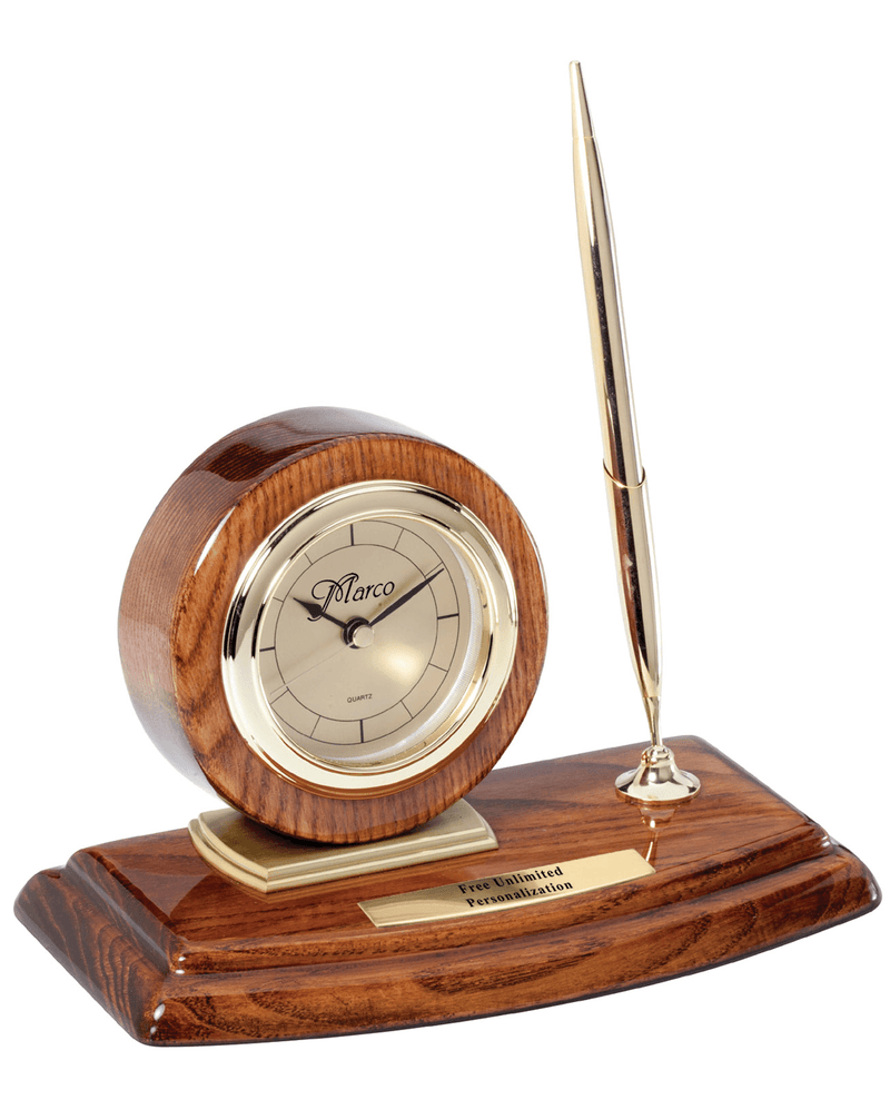 Walnut Circle Desk Clock with Single Pen