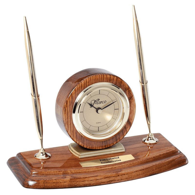 Walnut Circle Desk Clock with Double Pens