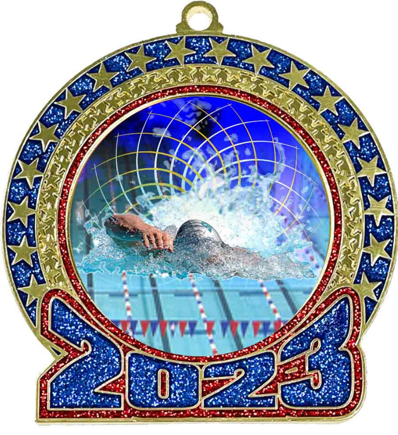 2023 Red and Blue Glitter Swimming Insert Medal