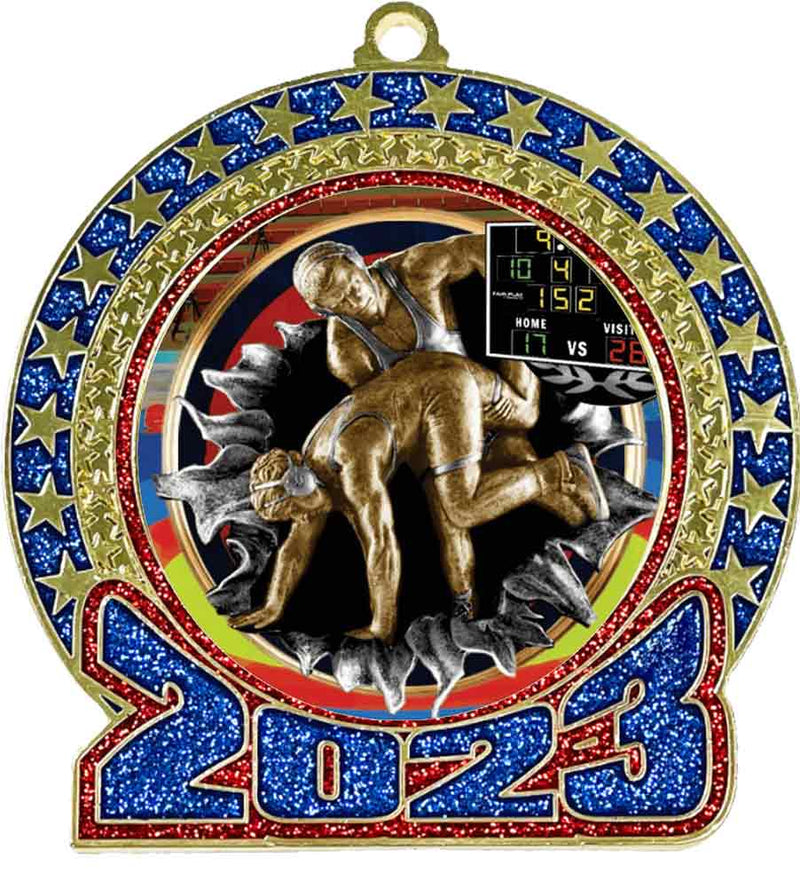 2023 Red and Blue Glitter Wrestling Insert Medal