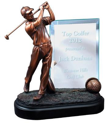 Bronze Golf Swing Trophy with Engraved Glass